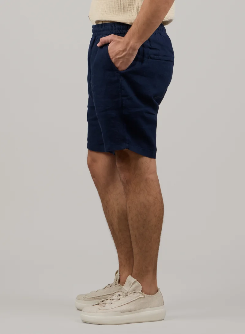 Just Nature Navy Blue 100% Linen Elasticated Waist Shorts for Men | Best Price UAE